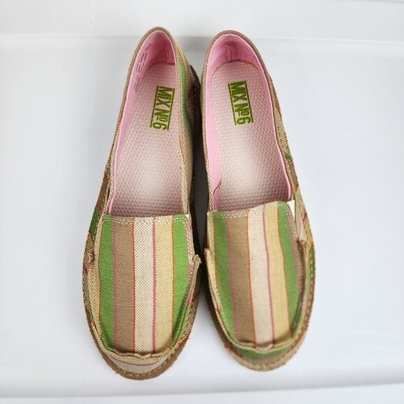 Mix Slip-on Striped Comfort Shoes Flats Espadrille Green Beige Canvas Sz 10 - Picture 4 of 14